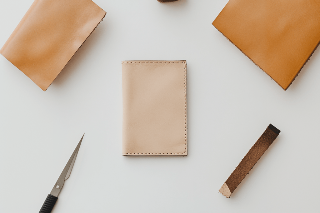 Minimalist leather crafting workspace with beige wallet, tan materials, scissors, and leather strip.