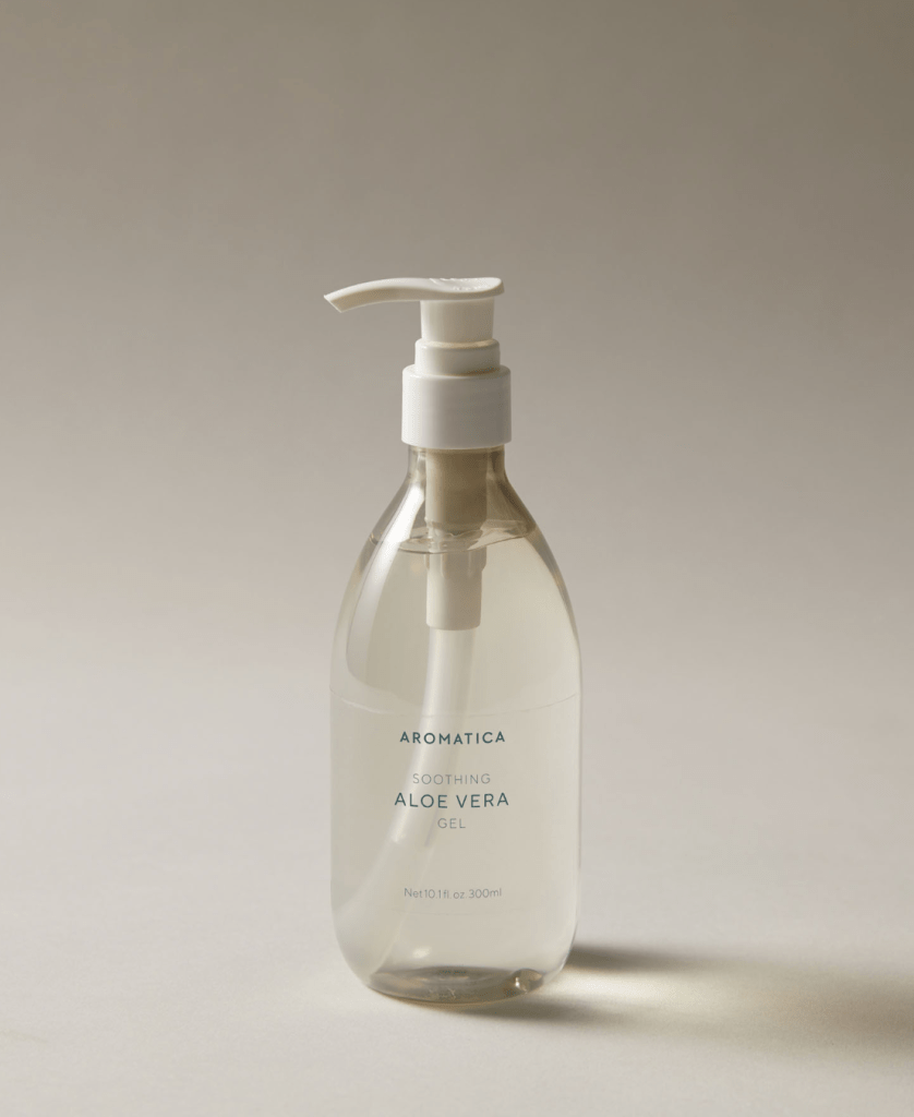 Aromatica Soothing Aloe Vera Gel in a clear bottle with a pump top, designed for calming and hydrating sensitive skin.