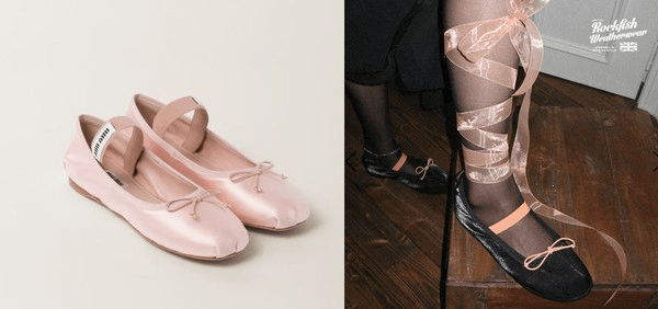 A pair of miumiu pink ballet flats on the left, featuring a soft, round toe and crossed elastic straps. On the right, a rockfish black ballet flat worn with leg ribbons wrapped around the ankle, showcasing a stylish blend of ballet and streetwear aesthetics.