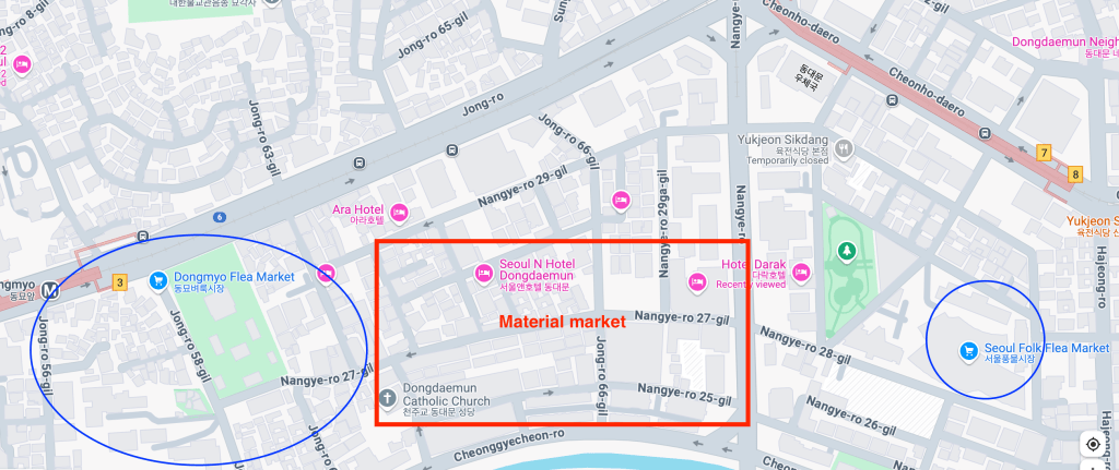 A detailed map of Sinseol-dong material market, Seoul.
