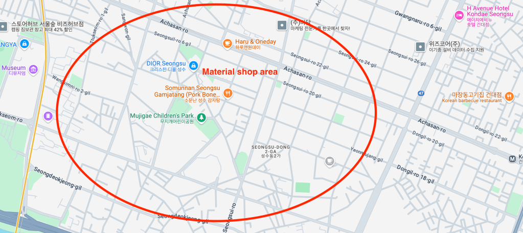Map highlighting the material shop area in Seongsu-dong, Seoul, showing streets and nearby landmarks.