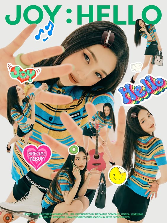 A vibrant promotional image featuring a young woman with long dark hair, dressed in a colorful striped shirt and a black skirt. She is surrounded by playful stickers, including the words 'JOY,' 'HELLO,' and 'SPECIAL ALBUM,' along with various graphics like musical notes and smiley faces. The composition includes multiple poses of her, creating a lively and dynamic feel.