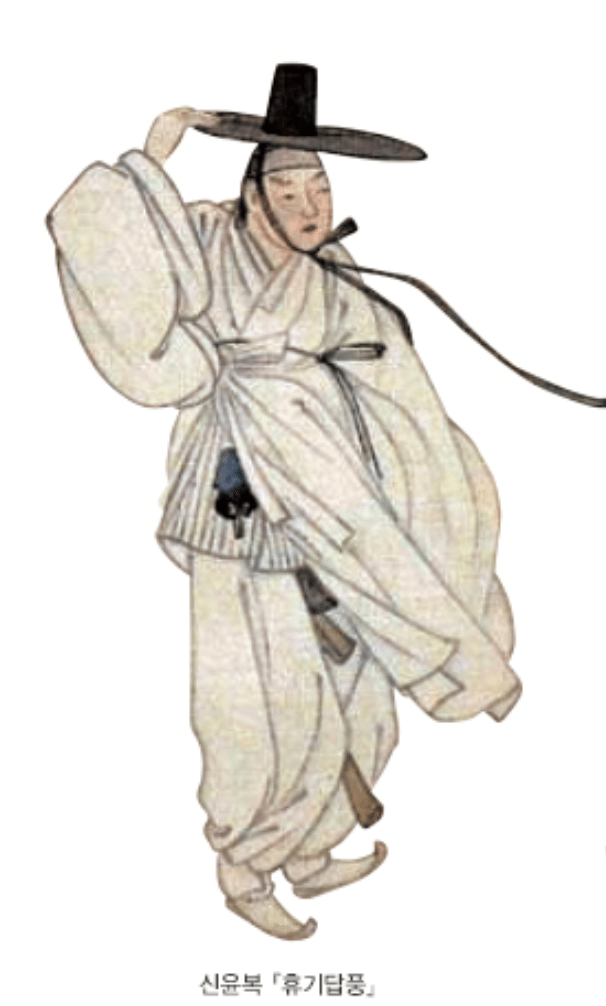 A traditional Korean figure dressed in white attire, wearing a broad-brimmed hat and holding one hand above their head, possibly in mid-dance or movement.