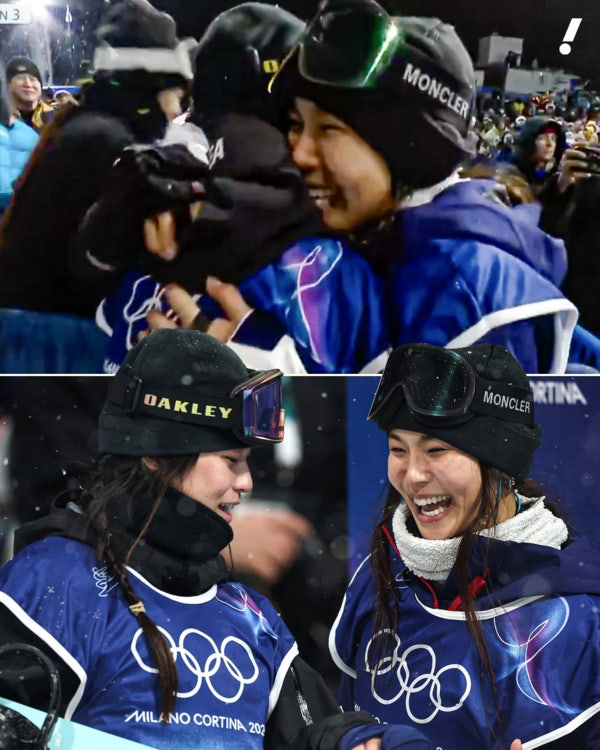 Two female snowboarders celebrating joyfully after a competition, wearing branded snow gear. One is hugging another in excitement, while the second image shows them laughing together, highlighting their camaraderie in a snowy environment.